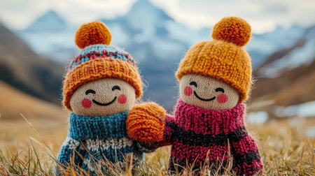 Adorable handmade dolls with cheerful expressions and vibrant knit hats nestled in a picturesque mountain setting to evoke warmth and charm.の写真素材