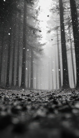 An atmospheric monochrome woodland with drifting foliage and a mysterious fog enveloping tangled branches, evoking tranquility and introspection.の写真素材