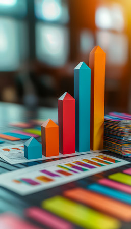 Vibrant bar graph alongside detailed printed reports and charts, capturing a dynamic moments of strategic business analysis and growth assessment.の写真素材