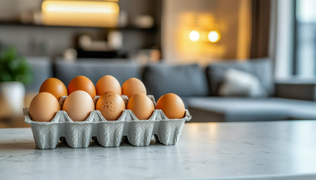 A cardboard box holding a variety of light and dark eggs rests on a polished kitchen surface,...