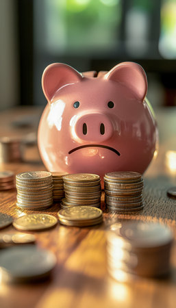 A forlorn piggy bank amid towering coin stacks, evoking themes of financial strain, savings difficulties, and economic uncertainty in a somber tone.の写真素材
