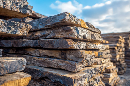 Freshly cut timber neatly arranged outdoors, basking under a clear blue sky, ideal for construction, carpentry projects, or rustic aesthetic displays.の写真素材