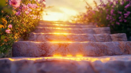 Sun-kissed stone staircase amid vibrant blossoms creates a tranquil, picturesque scene filled with warm hues and garden serenity.の写真素材