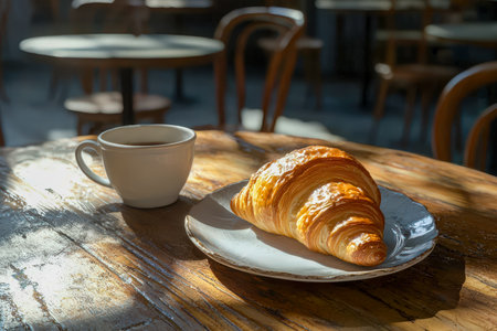 Warm sunlight highlights a flaky croissant and steaming coffee on aged wood, creating a inviting atmosphere perfect for relaxed mornings or casual chaの写真素材