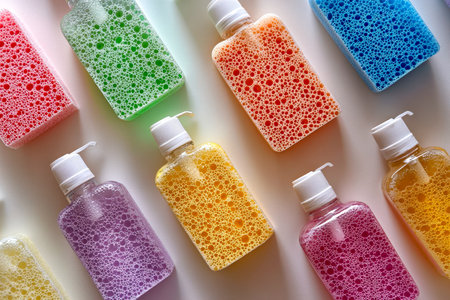 Brightly colored soap containers showcase playful foamy textures, creating an inviting scene perfect for hygiene, beauty, or cleaning branding.の写真素材