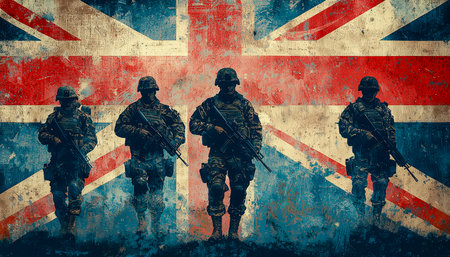 Armed personnel move forward with purpose amid a weathered, tattered British flag, evoking themes of resilience and national defense in a gritty styleの写真素材
