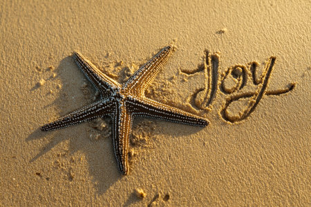 A vibrant orange starfish rests beside cheerful handwritten 'joy' sketches in soft, golden sand,...