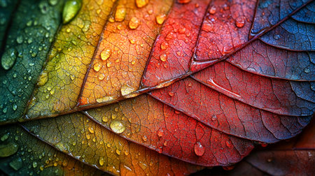 Vivid autumn foliage glistening with tiny water droplets, capturing the intricate veins and vibrant...