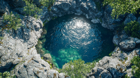 Tranquil azure pool nestled amid rugged stones and vibrant foliage, inviting serenity and natural...