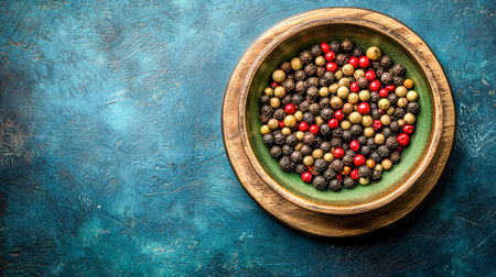 A round bowl filled with vibrant, multicolored peppercorns rests on a weathered blue surface,...