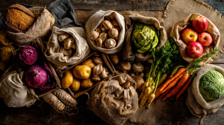 Vibrant greens and reds of crunchy vegetables and crisp apples artfully displayed on weathered wood...