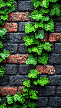 Vibrant greenery of ivy spirals upward along a textured wall, blending natural elegance with urban...