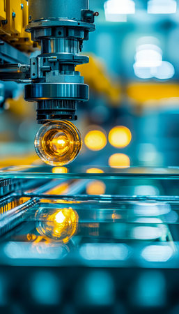 Detailed shot of high-tech glass production equipment emitting vibrant reflections, creating a dynamic, futuristic industrial atmosphere.の写真素材