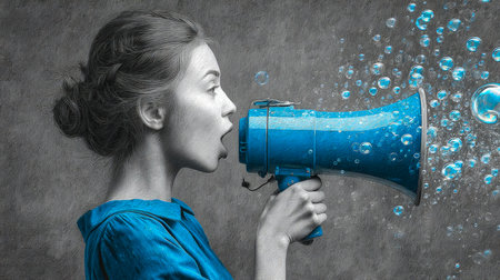 A woman vocalizing passionately through a vibrant blue megaphone, surrounded by shimmering water bubbles against a sleek gray backdrop, evoking energyの写真素材