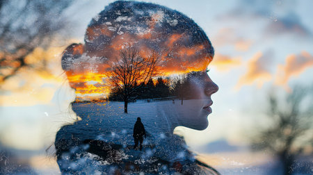 A contemplative woman's silhouette merges with a serene snow-covered park bathed in a warm winter...