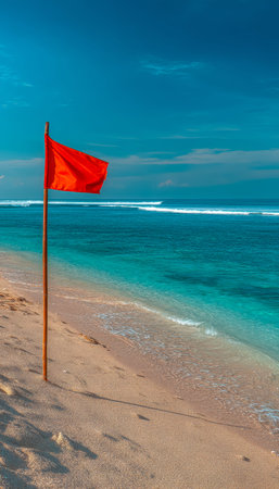 Bright red safety flag stands on warm sand, overlooking shimmering turquoise waters under a...
