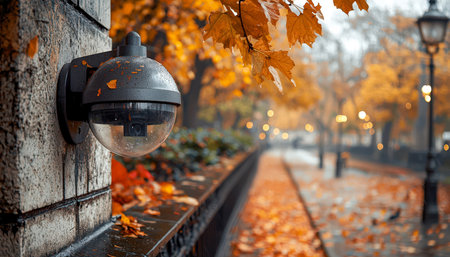Warm evening light filters through vibrant foliage as a vintage lantern illuminates a winding leaf-covered path in a peaceful fall park setting.の写真素材