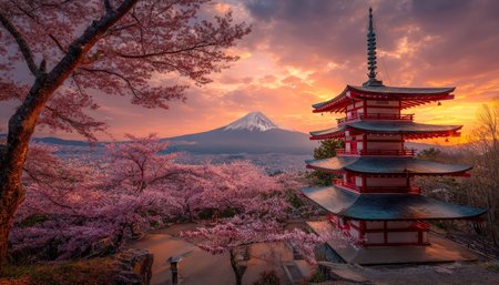 A tranquil scene featuring soft mist swirling around blooming cherry trees, overlooking Mount Fuji and a historic pagoda at twilight.の写真素材