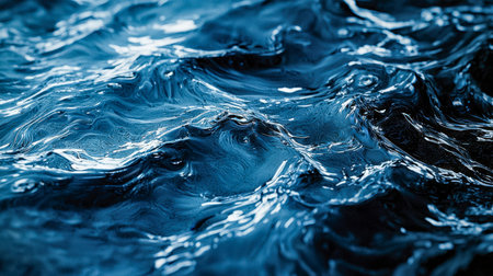 Vivid dark blue waves churn vigorously, creating intricate whirlpools and dynamic ripples that evoke...