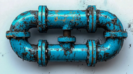 Close-up of a vintage blue pipe connector with chipped, faded paint and rust spots, evoking an industrial, aged aesthetic.の写真素材