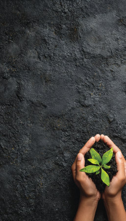 Close-up of caring hands cradling a vibrant seedling rooted in earthy soil, symbolizing growth, sustainability, and new beginnings against a dark textの写真素材