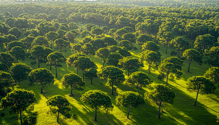Sunlit grove of uniformly arranged trees creates a peaceful scene with elongated shadows and vibrant green foliage, ideal for environmental or outdoorの写真素材