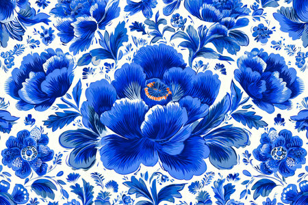 A rich, detailed blue motif showcasing lush peonies in full bloom alongside finely rendered leaves, perfect for elegant fabric or wallpaper designs.の写真素材