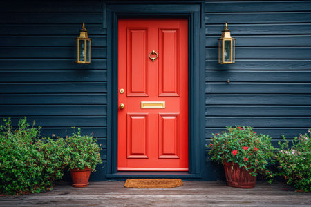 A lively red entryway complements sky-colored siding, with lush potted greenery creating an inviting, cheerful atmosphere on the welcoming porch.の写真素材