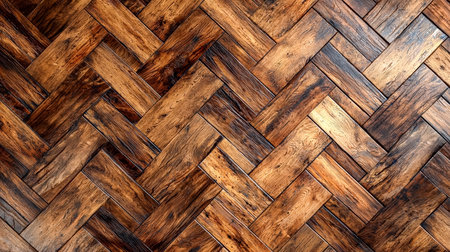 Close-up of glossy, intricately arranged wooden tiles forming a classic mosaic pattern, evoking elegance and craftsmanship.の写真素材