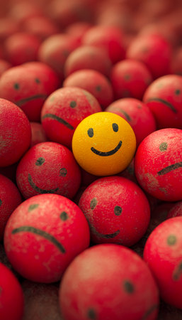 A cheerful yellow fruit stands out among a collection of red fruits with altered sad expressions, creating a playful and colorful contrast.の写真素材