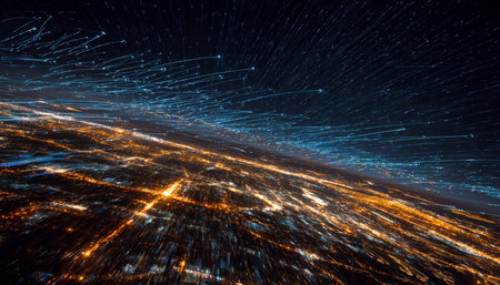 A bird's-eye snapshot of glowing city streets blending with streaking stars across a dark sky, capturing a lively urban scene beneath a celestial dancの写真素材
