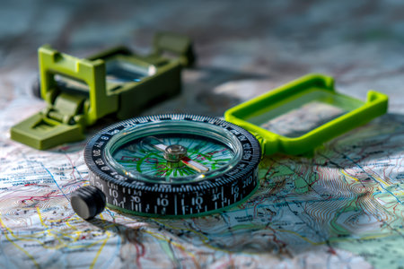 An antique compass resting on top of a detailed map, evoking a sense of adventure and readiness for wilderness journeys and discovery.の写真素材