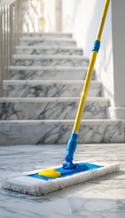 A cleaning tool rests on glossy marble flooring beside a staircase, illuminated by natural sunlight, evoking cleanliness and freshness in a modern homの写真素材