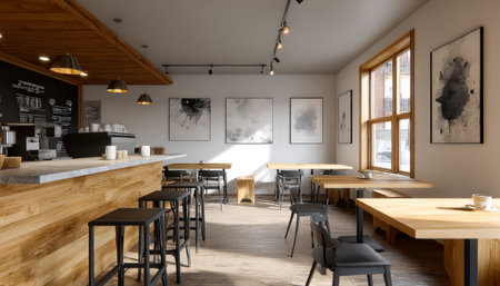 A cozy, modern space featuring warm wooden furniture, soft ambient lighting, and eye-catching abstract art creating a calm, inviting atmosphere.の写真素材