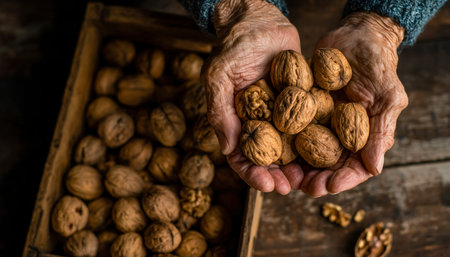 An elderly individual gently cradles fresh walnuts, with a rich wooden container brimming with nuts behind in a warm, inviting still life.の写真素材