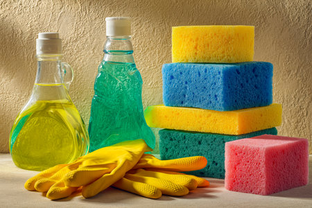 Brightly colored sponges and spray bottles alongside cheerful yellow gloves arranged on a neutral beige background to evoke freshness and efficient houseの写真素材