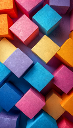 Vibrant pastel chalk blocks are systematically placed on a smooth surface, creating a lively mosaic of soft, eye-catching hues suitable for artistic,の写真素材