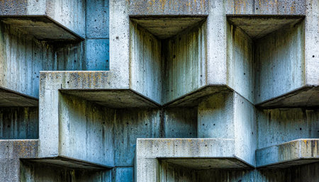 An urban structure featuring sleek concrete surfaces, angular protrusions, and aged textures that highlight industrial chic and contemporary design.の写真素材