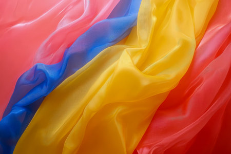 A dynamic display of translucent textiles in lively pink, blue, and yellow hues, cascading gracefully to evoke a sense of movement and vivid energy.の写真素材