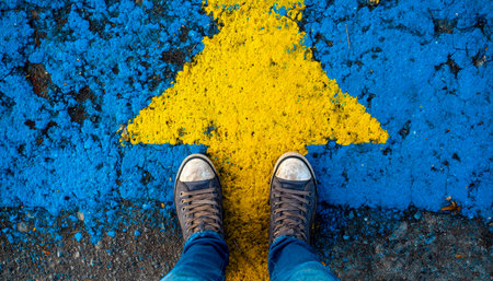 A person pauses on a city street as a vibrant yellow directional arrow guides the way forward, symbolizing progress and direction amidst urban life.の写真素材