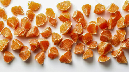 Bright orange tangerine sections artfully spread across a pristine white surface, creating a fresh, vibrant, and appetizing visual for food and healthの写真素材