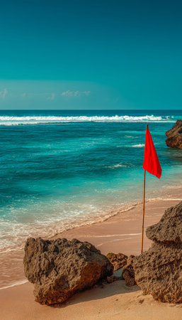 Sun-kissed shoreline with towering stones and a vivid red safety flag, framed against a clear azure...
