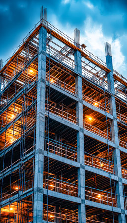 A partially completed urban development silhouette rises against a dusky sky, with steel beams and scaffolding hinting at ongoing craftsmanship.の写真素材