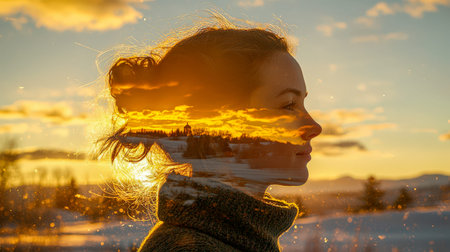 A pensive woman?s silhouette blends seamlessly with a serene sunset over a wintery, snow-blanketed...