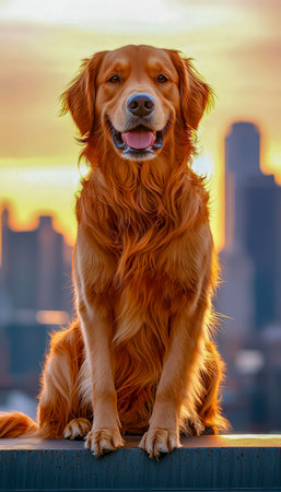 A joyful golden retriever relaxes on a surface as the setting sun casts warm hues, with a vibrant cityscape shimmering behind for a lively outdoor scene.の写真素材