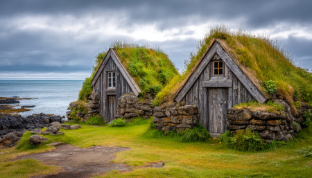 Charming grass-topped cottages sit amidst lush greenery by the sea, under a moody sky, evoking...