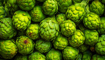 Vibrant green artichokes stacked in a rustic arrangement, ideal for gourmet dishes, emphasizing freshness and natural quality for culinary artistry.の写真素材