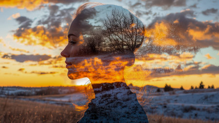 A dreamy silhouette of a woman?s side profile overlays a warm sunset and icy winter scenery, evoking...