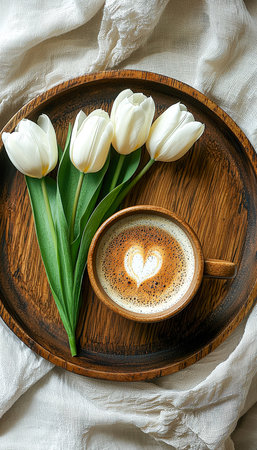 Delicate white tulips and a frothy heart motif in a warm coffee cup create a tranquil scene perfect for cozy mornings or romantic moments.の写真素材