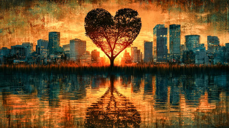 A romantic silhouette of a tree resembling a heart, set against a vibrant cityscape at dusk, mirrored perfectly in a calm water surface.の写真素材